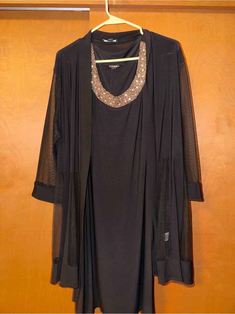 Roz & Ali Black Dress with Silver Beaded Neckline and Sheer Cardigan